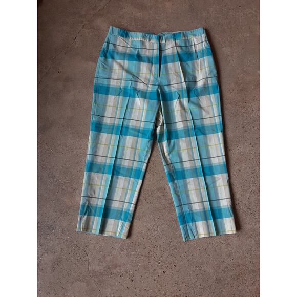 Van Heusen Pedal Pushers Capris Size 12 Women Blue Plaid Pattern Retro Zip Front - Picture 1 of 16